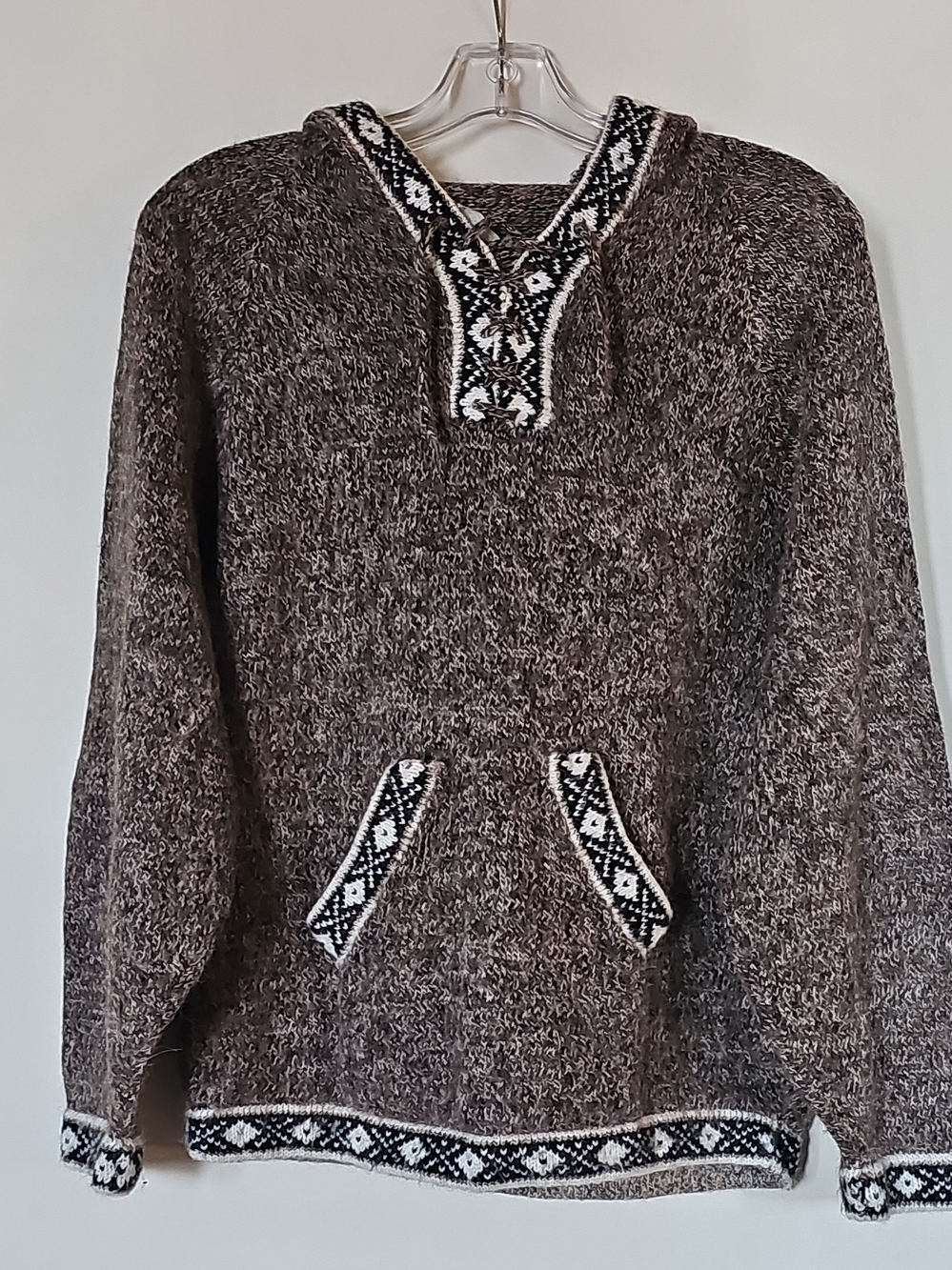 Alpaca Marled Brown Hooded Scoop-Neck Sweater with Black Trim